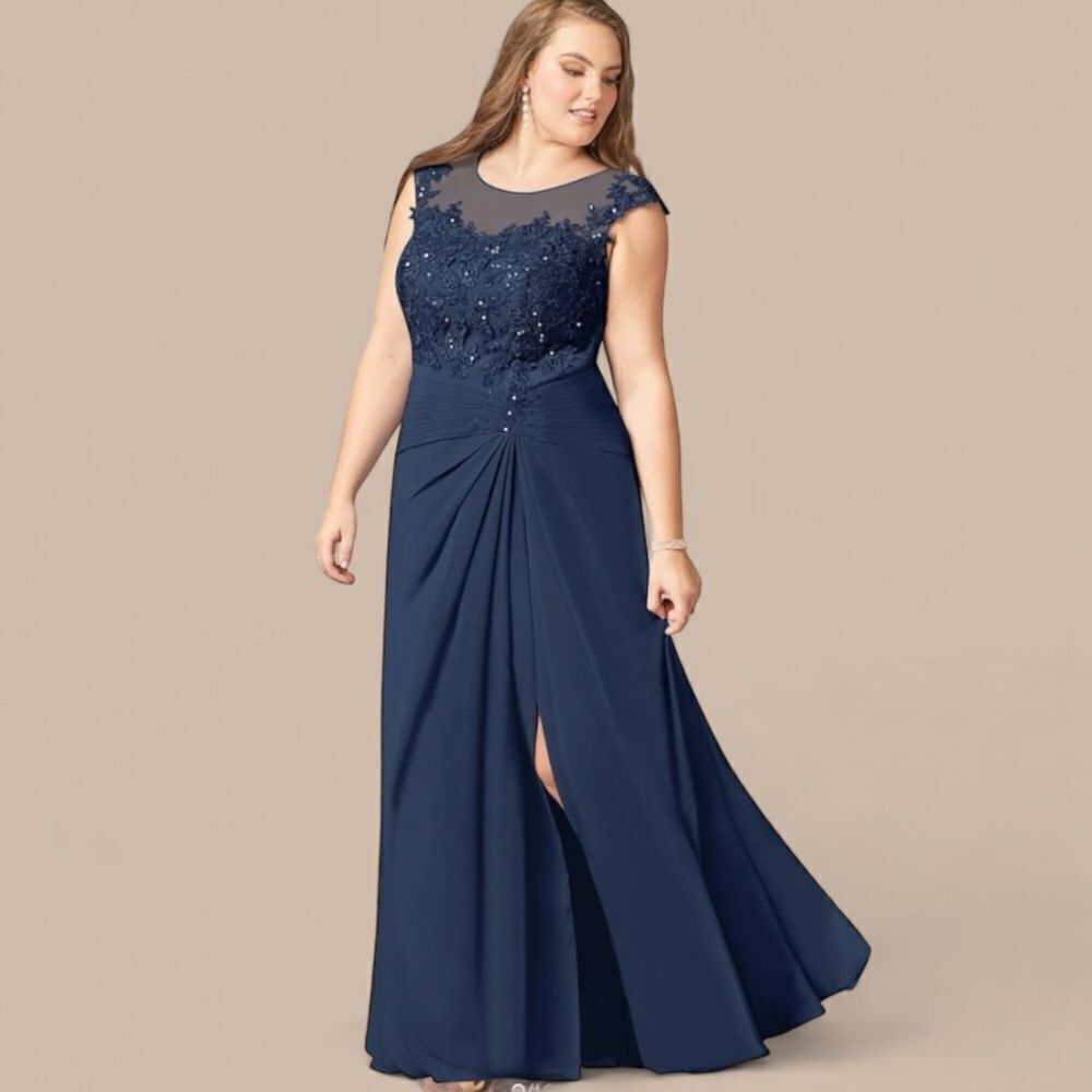 Azazie Libby A-Line Scoop Sequins Chiffon Dress Sz 20 Dark Navy Wedding - Picture 2 of 16